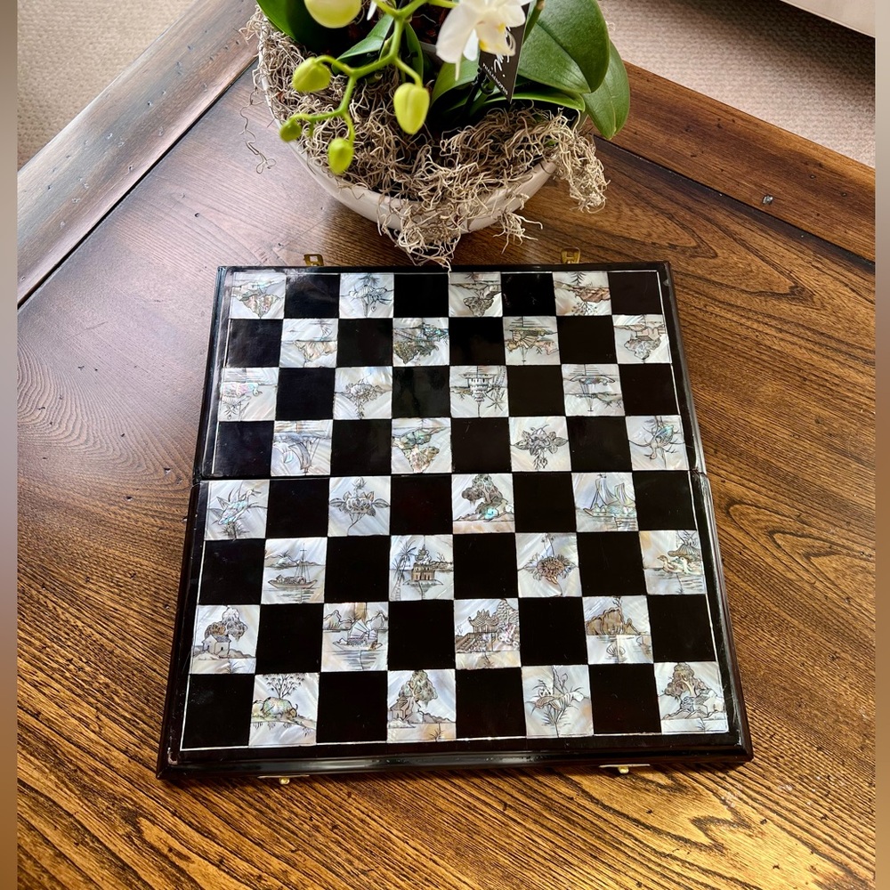 Vintage Mother-of-Pearl Inlaid Black Lacquered Chess Board, Chinese / Vietnamese